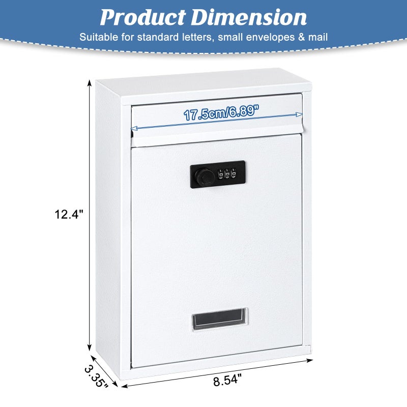 KYODOLED Locking Wall Mount Mailbox, Mail Boxes with Combination Lock for Outside, Security Cash Key Letter Drop Box with Code for House Office School,12.4H x 8.54L x 3.35W Inches, White - Image 3